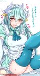  alternate_costume apron aqua_hair aqua_legwear blush breasts covered_nipples cup elbow_gloves enmaided fate/grand_order fate_(series) frills gloves heart highres horns kiyohime_(fate/grand_order) large_breasts leg_up long_hair looking_at_viewer maid maid_apron maid_headdress open_mouth puffy_short_sleeves puffy_sleeves shisei_(kyuushoku_banchou) short_sleeves sitting smile solo spill tea teacup thighhighs translated white_gloves yellow_eyes 