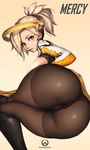  absurdres ass bad_id bad_pixiv_id blonde_hair breasts character_name gradient gradient_background highres large_breasts licking_lips long_hair looking_at_viewer looking_back mechanical_halo mercy_(overwatch) oinari_risuru overwatch pantyhose ponytail pussy solo tongue tongue_out 