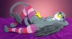  2016 absurd_res anthro armpits avian beak clothing feathered_wings feathers female friendship_is_magic gabby_(mlp) gryphon hi_res legwear lying my_little_pony on_back punk-pegasus solo striped_legwear stripes wings 