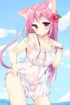  absurdres animal_ears blush braid breasts cat_ears cat_girl cat_tail chemise cleavage cloud collarbone day flower hair_flower hair_ornament hibiscus highres long_hair looking_at_viewer medium_breasts momoirone no_bra no_panties original pink_eyes pink_hair see-through sky solo strap_slip tail water wet wet_clothes wet_hair 