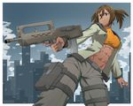  abs aiming belt breasts brown_hair bullpup commentary dark_skin earrings ebr-kii gun hair_between_eyes handgun holding holding_gun holding_weapon holster jacket jewelry large_breasts muscle muscular_female navel open_clothes open_jacket original pistol purple_eyes solo sports_bra thigh_holster trigger_discipline twintails weapon 