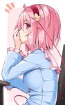  1girl blue_shirt blush breasts chair chin_rest commentary_request desk frilled_shirt_collar frills from_side hairband heart highres komeiji_satori large_breasts long_sleeves looking_at_viewer ominaeshi_(takenoko) parted_lips pink_eyes pink_hair profile red_hairband shirt short_hair sitting solo touhou upper_body wide_sleeves 