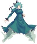  breasts clenched_hand dress full_body ghost_tail green_dress green_eyes green_hair hat jpeg_artifacts juliet_sleeves large_breasts long_sleeves puffy_sleeves short_hair soga_no_tojiko solo tate_eboshi terrajin touhou white_background wide_sleeves 