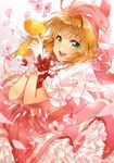  brown_hair cardcaptor_sakura cherry_blossoms dress gloves green_eyes hat highres kero kinomoto_sakura magical_girl object_namesake one_eye_closed open_mouth petals smile tamaru white_gloves wings 