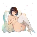  :&gt; blush breasts brown_hair closed_mouth collarbone covering covering_breasts erika_(shadowverse) full_body hanarito head_tilt heart looking_at_viewer no_shoes panties pillow purple_eyes shadowverse short_hair sitting small_breasts solo thighhighs topless underwear white_background white_legwear white_panties 