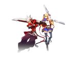  1girl belt blazblue blonde_hair dual_wielding gloves green_eyes gun hair_ornament hairpin hakama handgun holding jacket japanese_clothes katou_yuuki long_hair noel_vermillion ragna_the_bloodedge red_eyes red_jacket sword weapon white_hair 