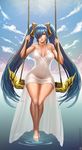  badcompzero bare_shoulders barefoot blue_eyes blue_hair breasts dress hair_over_one_eye league_of_legends medium_breasts navel see-through short_dress solo sona_buvelle swing thighs wide_hips 