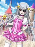  ahoge cloud collarbone covered_navel day dress eyepatch hair_ornament holding infinite_stratos laura_bodewig long_hair lowres magical_girl open_mouth outdoors pink_dress pleated_dress silver_hair solo thighhighs white_legwear wristband 