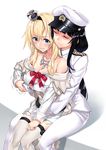  black_hair blonde_hair blue_eyes blush breasts cleavage closed_eyes commentary_request crown dress female_admiral_(kantai_collection) gloves hairband hat highres hug hug_from_behind jewelry kantai_collection large_breasts long_hair matsuryuu military military_uniform mini_crown mole mole_under_mouth multiple_girls naval_uniform necklace off_shoulder peaked_cap revision sitting sweatdrop thighhighs uniform warspite_(kantai_collection) wavy_mouth white_gloves white_legwear yuri zettai_ryouiki 