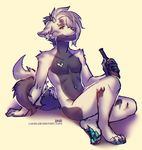  4_toes 5_fingers anthro bare_shoulders barefoot canine digitigrade facial_piercing fluffy fluffy_tail fur grey_belly hair holding_object lukiri male mammal midriff navel nose_piercing nose_ring nude piercing simple_background sitting solo toes white_background white_fur white_hair 
