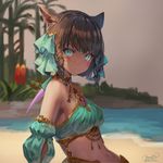  2016 animal_ears bandeau bangs bare_shoulders beach blue_eyes braid breasts brown_hair cat_ears closed_mouth dated detached_sleeves expressionless facial_mark final_fantasy final_fantasy_xiv forehead_jewel hair_ornament halterneck harem_outfit highres looking_at_viewer medium_breasts midriff miqo'te momoko_(momopoco) navel palm_tree puffy_sleeves short_hair signature slit_pupils solo tree twin_braids twitter_username upper_body whisker_markings 
