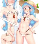  alternate_costume areola_slip areolae ass bikini blue_hair blush breasts collarbone covered_nipples deep_skin g-string hat hinanawi_tenshi long_hair looking_at_viewer looking_back multiple_views open_mouth panties red_eyes see-through skindentation small_breasts stomach straw_hat sun_hat swimsuit thong thong_bikini touhou underwear wavy_mouth white_bikini zibun_owl 