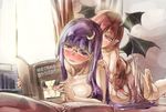  bespectacled blush book breasts crescent crescent_hair_ornament curtains girl_on_top glasses hair_ornament head_wings koakuma large_breasts long_hair multiple_girls no_hat no_headwear nude patchouli_knowledge pointy_ears purple_eyes purple_hair reading red_eyes red_hair smile touhou translated under_covers yohane yuri 