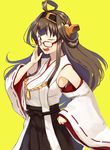  ahoge bangs bare_shoulders bespectacled breasts brown_eyes brown_hair brown_skirt detached_sleeves double_bun glasses hairband hand_on_eyewear hand_on_hip hand_up headgear highres houmatu_awa japanese_clothes kantai_collection kongou_(kantai_collection) large_breasts long_hair looking_at_viewer nontraditional_miko one_eye_closed open_mouth purple_eyes red-framed_eyewear ribbon-trimmed_sleeves ribbon_trim simple_background skirt smile solo wide_sleeves yellow_background 