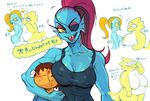  alphys ambiguous_gender anthro areola big_breasts blush breasts cleavage clothed clothing erect_nipples female female/female fish group huge_breasts human japanese_text kissing lizard mammal marine nam navel nipple_bulge nipples nude overweight protagonist_(undertale) reptile scalie text translation_request undertale undyne video_games 