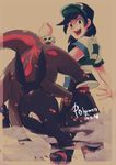  black_hair copyright_name embers gen_7_pokemon grin haruto1192 hat highres looking_at_viewer pokemon pokemon_(creature) pokemon_(game) pokemon_sm salandit shirt short_hair smile t-shirt you_(pokemon) z-ring 