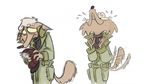  anthro beauty_mark blonde_hair blush canine clothed clothing dog excited fangs female frown fully_clothed fur grin hair happy hat lenyavok mammal multiple_scenes sad sweater tailwag tan_fur trenchcoat 
