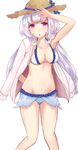  :o absurdres arm_behind_back arm_up armpits bare_arms bare_legs bare_shoulders bikini blush breasts brown_hat cleavage collarbone eleanor_(merc_storia) eyebrows eyebrows_visible_through_hair frilled_bikini frills hat highres jacket jacket_on_shoulders kinryuu lavender_hair long_hair long_sleeves looking_at_viewer medium_breasts merc_storia navel open_clothes open_jacket open_mouth pink_eyes pink_jacket simple_background solo standing stomach straw_hat swimsuit thighs very_long_hair white_background white_bikini_top 