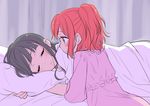  bangs bed bed_sheet black_hair blunt_bangs blush closed_eyes commentary_request green_eyes kurosawa_dia kurosawa_ruby long_hair looking_at_another love_live! love_live!_sunshine!! lying messy_hair mole mole_under_mouth multiple_girls on_side ooshima_tomo pajamas parted_lips pillow red_hair siblings sisters sleeping smile two_side_up 
