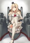  blonde_hair blue_hair braid breasts cleavage commentary convenient_leg crossed_legs crown dress feet garter_straps half_updo highres jewelry kantai_collection long_hair long_sleeves machinery medium_breasts mini_crown monoku necklace no_shoes pov_feet red_ribbon ribbon shoes single_shoe sitting soles solo thighhighs toes warspite_(kantai_collection) white_legwear 