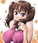  amania_orz bare_shoulders blush breasts brown_hair character_name dated diane_(nanatsu_no_taizai) hair_twirling impossible_clothes impossible_sweater large_breasts long_hair nanatsu_no_taizai parted_lips purple_eyes shiny shiny_hair smile solo sweater twintails twitter_username upper_body 