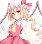  :o arms_at_sides ascot blonde_hair blush bow collared_shirt commentary cowboy_shot crystal flandre_scarlet frilled_shirt_collar frills hat hat_bow kabata_(mechisan) long_hair looking_at_viewer mob_cap puffy_short_sleeves puffy_sleeves red_bow red_eyes red_skirt red_vest shirt short_hair_with_long_locks short_sleeves side_ponytail skirt skirt_set solo touhou v-shaped_eyebrows vest white_background white_shirt wings 