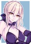  artoria_pendragon_(all) bare_shoulders black_gloves blonde_hair breasts elbow_gloves fate/grand_order fate/stay_night fate_(series) gloves looking_at_viewer medium_breasts saber_alter shisei_(kyuushoku_banchou) sleeveless smile solo yellow_eyes 