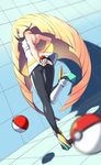  ass black_footwear black_legwear blonde_hair blue_eyes blurry closed_mouth depth_of_field dress dutch_angle emerald gem glint hair_over_one_eye hand_on_hip high_heels highres holding holding_poke_ball leg_up long_hair looking_at_viewer lusamine_(pokemon) pantyhose poke_ball poke_ball_(generic) pokemon pokemon_(game) pokemon_sm see-through shoes sleeveless sleeveless_dress smile solo standing standing_on_one_leg tm_(hanamakisan) very_long_hair white_dress 