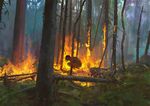  black_hair blurry commentary depth_of_field fire forest grass highres looking_at_viewer looking_to_the_side nature original short_hair smoke snatti solo squatting tree 