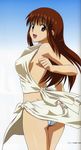  00s 1girl ass back bandai bare_legs breasts brown_eyes brown_hair doi_shizuha female gradient gradient_background highres long_hair looking_at_viewer looking_back open_mouth panties scan shiny_skin solo stratos_4 underwear yamauchi_noriyasu 