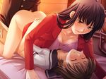  2girls black_hair bottomless breasts brown_hair cleavage collarbone ffm_threesome game_cg girl_on_top group_sex hair_over_shoulder kaiho_izumi kurata_shizuru large_breasts long_hair lying multiple_girls ojiri_shin'ya on_back school_uniform serafuku short_hair teacher threesome toshiue_lesson 