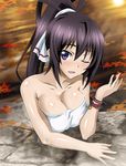 bare_shoulders black_hair bracelet breasts cleavage collarbone eyebrows eyebrows_visible_through_hair hair_ribbon infinite_stratos jewelry large_breasts long_hair lowres naked_towel one_eye_closed outdoors ponytail purple_eyes ribbon shinonono_houki shiny shiny_skin solo towel white_ribbon white_towel 