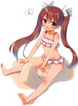  :d bare_legs bare_shoulders barefoot bikini blush brown_eyes brown_hair eighth_note fang feet frilled_bikini frills hair_ribbon kantai_collection libeccio_(kantai_collection) long_hair looking_at_viewer musical_note navel open_mouth ribbon sand sand_sculpture sazaki_ichiri sitting smile solo speech_bubble spoken_musical_note swimsuit twintails white_bikini 