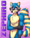  2016 5_fingers anthro black_fur black_nose blue_fur casual_nudity digital_media_(artwork) fluffy fluffy_tail front_view fur gloves_(marking) half-length_portrait long_tail looking_at_viewer male mammal markings multicolored_fur name_badge nude orange_fur pattern_background pink_eyes portrait raccoon ringed_tail signature simple_background smile solo standing tan_fur vallhund zephiro 