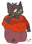  anthro black_fur breasts cat cigarette cleanplague clothed clothing feline female frown fully_clothed fur half-closed_eyes mae_(nitw) mammal night_in_the_woods red_eyes slightly_chubby smoking solo thick_thighs 