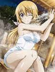  blonde_hair breasts charlotte_dunois eyebrows eyebrows_visible_through_hair hair_between_eyes hair_ribbon infinite_stratos long_hair long_legs lowres medium_breasts naked_towel one_eye_closed outdoors purple_eyes ribbon shiny shiny_skin sideboob sitting smile solo towel water white_ribbon white_towel 