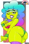  border breasts butt butt_pose cartoon_network clothing ear_piercing exposed_nipples female gradient_hair green_skin humanoid jackie_wilson legwear lips lipstick looking_at_viewer looking_back mature_female mother nipples one_eye_closed panties panties_aside parent piercing pussy simple_background smile sweatband teeth the_amazing_world_of_gumball thigh_highs underwear white_border wink wolftang wristband 