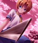  blue_eyes game_cg hatchet highres higurashi_no_naku_koro_ni nose_hatchet official_art orange_hair rato ryuuguu_rena school_uniform serafuku short_hair sky smile solo tree weapon 