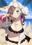  beach bikini black_bikini blonde_hair blue_eyes breasts cleavage cloud collarbone cowboy_shot day fox_tail grey_jacket highres hood hooded_jacket horizon jacket long_hair looking_at_viewer medium_breasts navel ni02_(asahi_nini) ocean open_clothes open_jacket original outdoors palm_tree parted_lips scrunchie shadow smile solo stomach sunlight swimsuit symbol-shaped_pupils tail tassel teeth thigh_gap tree water wrist_scrunchie 