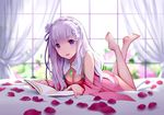  barefoot bed blush book breasts cleavage emilia petals purple_eyes re:zero_kara_hajimeru_isekai_seikatsu tagme_(artist) white_hair 