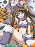  animal_ears bra breasts brown_hair cleavage collar fake_animal_ears fang green_eyes grey_bra hair_ribbon huang_lingyin infinite_stratos long_hair looking_at_viewer lowres navel open_mouth ribbon sitting small_breasts solo twintails underwear yellow_ribbon 