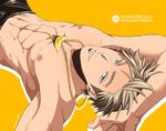  1boy abs blonde_hair blue_eyes looking_at_viewer lying male_focus muscle necklace nipples pokemon_(game) pokemon_go solo spark_(pokemon) topless 