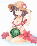  arm_scrunchie armband azuhira breasts cleavage hand_on_headwear hat highres kantai_collection large_breasts long_hair purple_hair red_eyes ryuuhou_(kantai_collection) sarong scrunchie smile sun_hat taigei_(kantai_collection) 