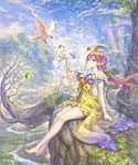  bare_legs bare_shoulders barefoot bird breasts commentary_request company_name cygames day dress fantasy feathers flower food foot_dangle from_side fruit gradient granblue_fantasy green_eyes hair_between_eyes hand_up highres hisakata_souji in_tree landscape leaf leaf_on_head legs_together long_hair looking_away looking_up low_twintails medium_breasts multicolored multicolored_clothes multicolored_dress nature outdoors parted_lips plant plant_girl pointy_ears red_hair river shingeki_no_bahamut sitting sitting_in_tree sky smile strapless strapless_dress tree twintails vines yggdrasil_(granblue_fantasy) 
