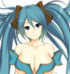  blue_eyes blue_hair blush breasts cleavage closed_mouth embarrassed eyebrows eyebrows_visible_through_hair green_hair hair_between_eyes hair_ornament large_breasts league_of_legends long_hair looking_at_viewer revealing_clothes simple_background solo sona_buvelle tony_guisado twintails upper_body very_long_hair white_background 