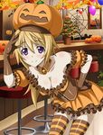  balloon bent_over blonde_hair breasts brown_gloves charlotte_dunois cleavage collar collarbone dress eyebrows eyebrows_visible_through_hair gloves hair_between_eyes hand_on_hip indoors infinite_stratos long_hair looking_at_viewer lowres medium_breasts orange_dress pumpkin_hat smile solo striped striped_legwear thighhighs 