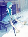  artist_name azuma_aya bench blue_eyes blue_hair blurry bracelet breasts closed_umbrella commentary depth_of_field doorway feet_up geta heterochromia holding holding_umbrella jewelry medium_breasts puffy_short_sleeves puffy_sleeves rain red_eyes sandals short_hair short_sleeves sitting sketch skirt sliding_doors solo tatara_kogasa touhou umbrella vest 