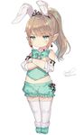  animal_ears blue_eyes bow bowtie brown_hair bunny_ears crossed_arms earrings facial_mark fake_animal_ears final_fantasy final_fantasy_xiv highres jewelry lalafell long_hair midriff momoko_(momopoco) pointy_ears ponytail shoes short_shorts shorts solo thighhighs vest white_legwear 