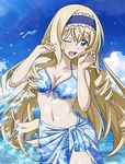  bikini blonde_hair blue_bikini blue_eyes blue_hairband bow breasts cecilia_alcott cleavage cloud collarbone day eyebrows eyebrows_visible_through_hair hair_bow hairband infinite_stratos long_hair lowres medium_breasts navel one_eye_closed open_mouth outdoors sky solo swimsuit water 