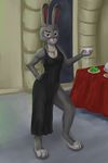  anthro armpits breasts cleavage clothed clothing disney dress efudek female food fur grey_fur jewelry judy_hopps lagomorph mammal necklace pink_nose rabbit solo zootopia 